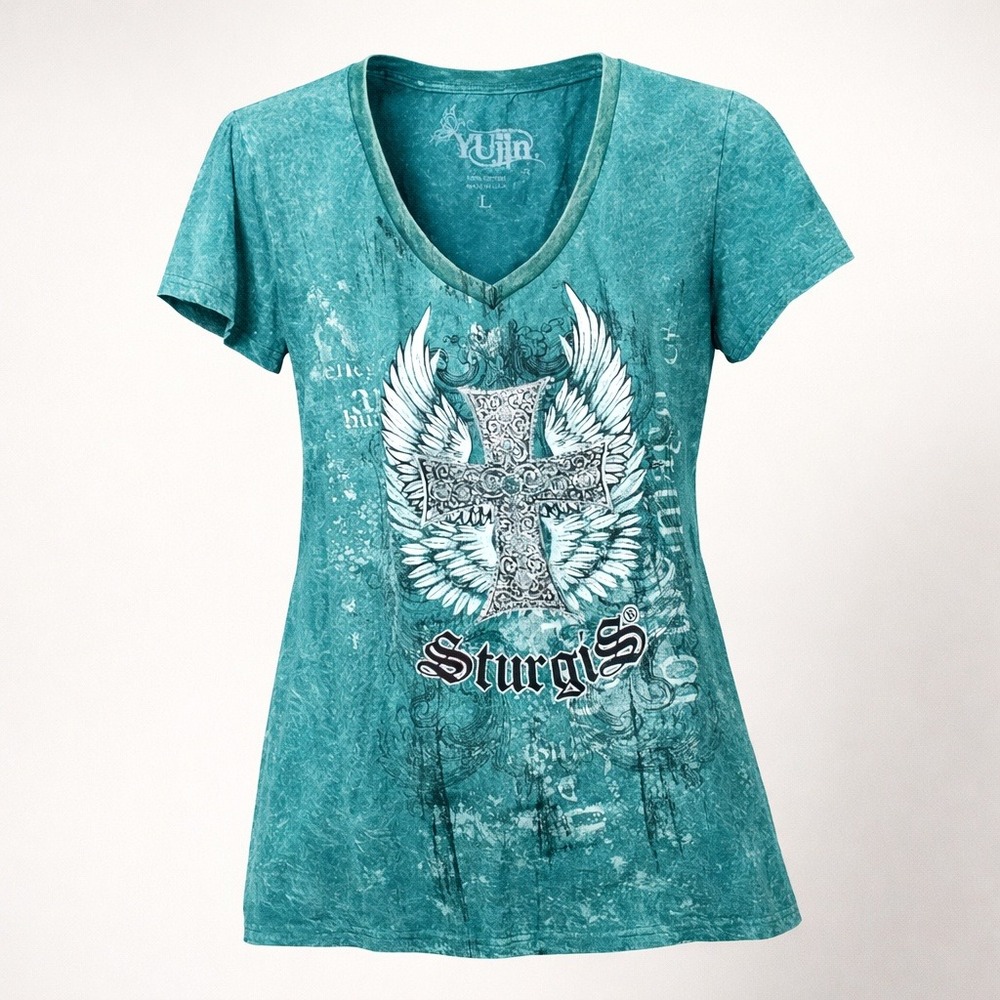 Sturgis Motorcycle Rally Teal T Shirt Y2K Bikercore Moto Graphic Print L Casual